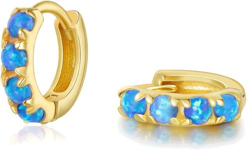 925 Sterling Silver Opal Hoop Earrings White/Blue/Pink/Green Opal Small Gold Plated Hinged Huggie Earrings 6/8/10mm in Kuwait