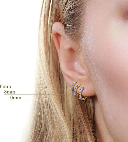 925 Sterling Silver Opal Hoop Earrings White/Blue/Pink/Green Opal Small Gold Plated Hinged Huggie Earrings 6/8/10mm in Kuwait