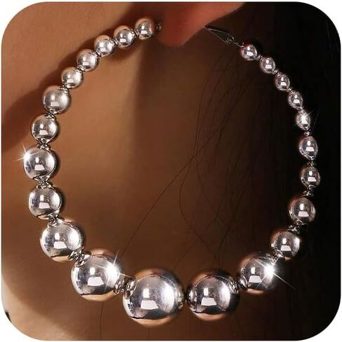 Chunky Large Gold Beaded Huggie Hoop Earrings for Women, Exaggerated Big Thick Silver Beads Round Circle Drop Dangling Earring Boho Y2k Party Accessories in Kuwait