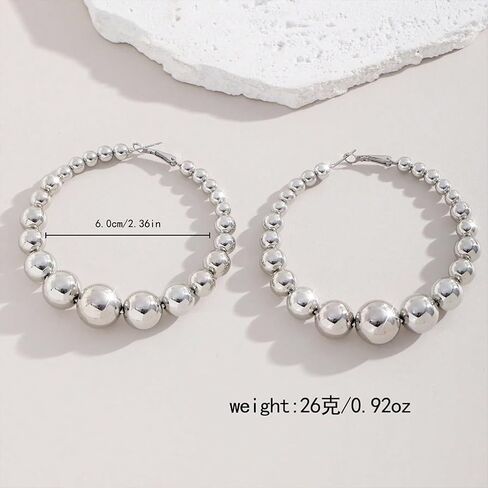 Chunky Large Gold Beaded Huggie Hoop Earrings for Women, Exaggerated Big Thick Silver Beads Round Circle Drop Dangling Earring Boho Y2k Party Accessories in Kuwait