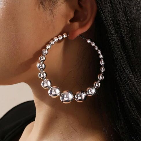 Chunky Large Gold Beaded Huggie Hoop Earrings for Women, Exaggerated Big Thick Silver Beads Round Circle Drop Dangling Earring Boho Y2k Party Accessories in Kuwait