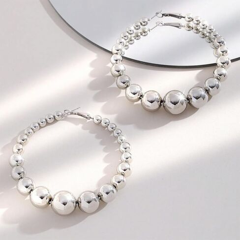Chunky Large Gold Beaded Huggie Hoop Earrings for Women, Exaggerated Big Thick Silver Beads Round Circle Drop Dangling Earring Boho Y2k Party Accessories in Kuwait