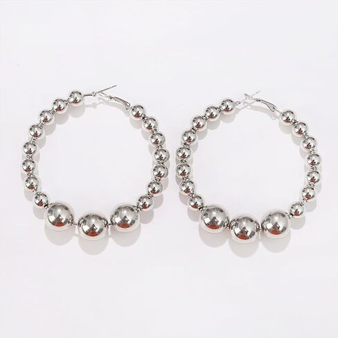 Chunky Large Gold Beaded Huggie Hoop Earrings for Women, Exaggerated Big Thick Silver Beads Round Circle Drop Dangling Earring Boho Y2k Party Accessories in Kuwait