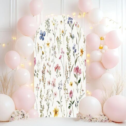 Wedding Arch Backdrop Cover 6.6FT Watercolor Floral Seamless Fabric Hand Greenery Wildflowers Herbs Spandex Fitted Arch Cover Round Top Stands Cover for Birthday Party Ceremony Banquet Decoration in Saudi Arabia