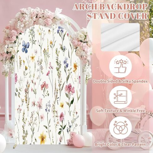 Wedding Arch Backdrop Cover 6.6FT Watercolor Floral Seamless Fabric Hand Greenery Wildflowers Herbs Spandex Fitted Arch Cover Round Top Stands Cover for Birthday Party Ceremony Banquet Decoration in Saudi Arabia