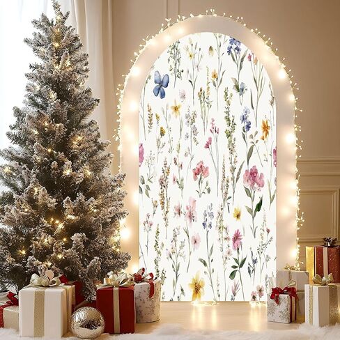Wedding Arch Backdrop Cover 6.6FT Watercolor Floral Seamless Fabric Hand Greenery Wildflowers Herbs Spandex Fitted Arch Cover Round Top Stands Cover for Birthday Party Ceremony Banquet Decoration in Saudi Arabia