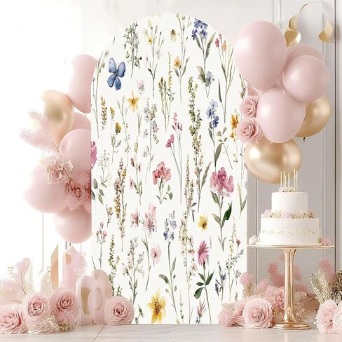 Wedding Arch Backdrop Cover 6.6FT Watercolor Floral Seamless Fabric Hand Greenery Wildflowers Herbs Spandex Fitted Arch Cover Round Top Stands Cover for Birthday Party Ceremony Banquet Decoration in Saudi Arabia