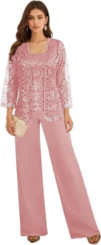 3 Pieces Mother of The Bride Pant Suits for Wedding Long Sleeve Chiffon Lace Formal Outfits for Women 2025 with Jackets in Saudi Arabia