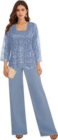 3 Pieces Mother of The Bride Pant Suits for Wedding Long Sleeve Chiffon Lace Formal Outfits for Women 2025 with Jackets in Saudi Arabia