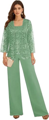 3 Pieces Mother of The Bride Pant Suits for Wedding Long Sleeve Chiffon Lace Formal Outfits for Women 2025 with Jackets in Saudi Arabia