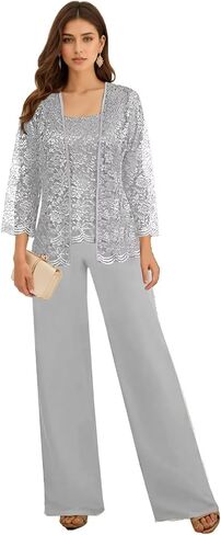 3 Pieces Mother of The Bride Pant Suits for Wedding Long Sleeve Chiffon Lace Formal Outfits for Women 2025 with Jackets in Saudi Arabia