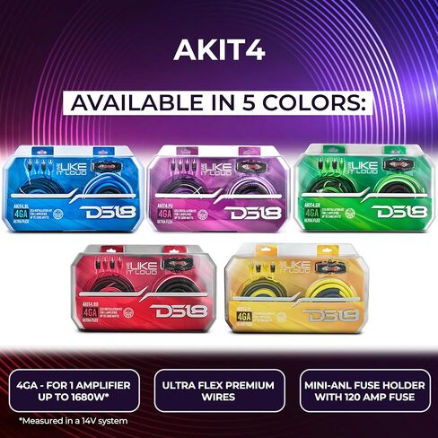 DS18 AKIT4.BL 4-GA Amplifier Installation Kit Up to 1680 Watts RMS, Mini-ANL Fuse Holder, Speaker & RCA Cables, CCA Amplifier Wiring Kit, Ultra Flex Wire, Amp Wire Kit, Amp Wiring Kit 4 Gauge - Blue in Saudi Arabia
