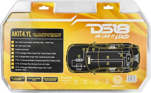 DS18 AKIT4.BL 4-GA Amplifier Installation Kit Up to 1680 Watts RMS, Mini-ANL Fuse Holder, Speaker & RCA Cables, CCA Amplifier Wiring Kit, Ultra Flex Wire, Amp Wire Kit, Amp Wiring Kit 4 Gauge - Blue in Saudi Arabia