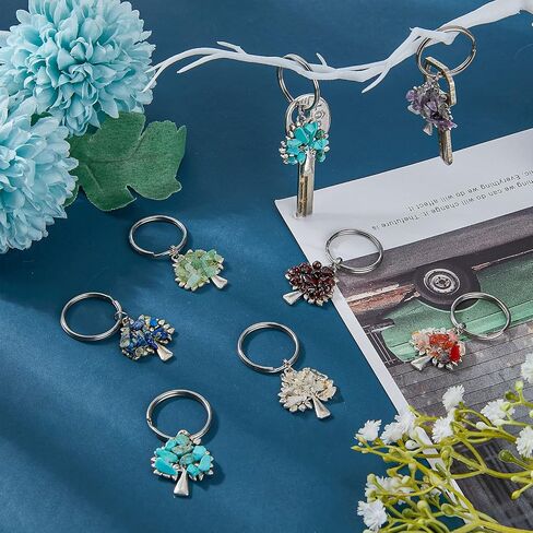 SUPERFINDINGS Tree of Life Keychain Chip Gemstone Keychain Natural Crystal Stone DIY Keychain Pendants with Split Key Rings in Saudi Arabia