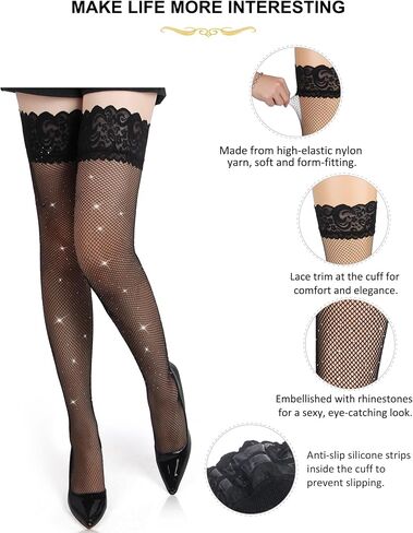 ohyeahlady Womens Rhinestone Fishnets Thigh High Stockings Plus Size Lace Top Sparkle Tights for Women Sexy Pantyhose XS-5X in Saudi Arabia