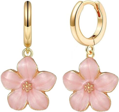 Cute Sakura Flower Hoop Earrings for Women, Sweet Stunning Enamel Cherry Blossom Drop Dangle Earrings Trendy 14K Gold Beauty Aesthetic Jewelry Gifts in Saudi Arabia
