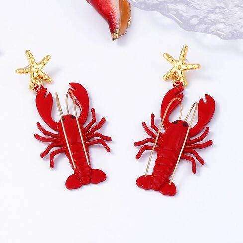Exaggerated Creative Enamel Lobster Crab Dangle Drop Earrings Colorful Bohemia Rhinestone Lobster Crayfish Animals Stud Earrings for Women Summer Beach Holiday Party Vacation Jewelry Gifts in Saudi Arabia