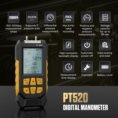 PT530 Digital Manometer,Air and Gas Pressure Tester,Dual Differential Digital Manometer,-100 to 300 Kpa Measurement Range,10 Pressure Units,Data Locking,Storage and Flashlight in Kuwait