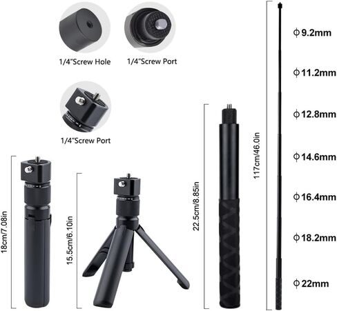مقبض دوار ثلاثي القوائم من Bullet Time مع عصا سيلفي غير مرئية لـ Insta360 X5/X4، جيب DJI OSMO 3، GoPro، خيط 1/4 بوصة، سعة 6 رطل، عصا سيلفي مدمجة وحامل ثلاثي القوائم على الطاولة (47 بوصة) in Kuwait