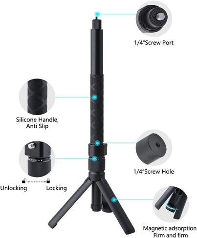 مقبض دوار ثلاثي القوائم من Bullet Time مع عصا سيلفي غير مرئية لـ Insta360 X5/X4، جيب DJI OSMO 3، GoPro، خيط 1/4 بوصة، سعة 6 رطل، عصا سيلفي مدمجة وحامل ثلاثي القوائم على الطاولة (47 بوصة) in Kuwait
