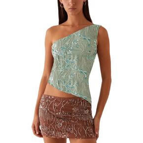 Women Y2k Sequin Sparkle Crop Tops Sexy One Shoulder Asymmetrical Backless Tank Top Glitter Beaded Rhinestone Slim Shirt in Kuwait