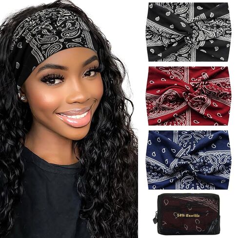 S&N Remille Wide Headbands for Women, Large Hairband, Elastic Non-Slip Headband Twist Knotted Accessories, Yoga Workout Vintage Hair 3 Pack (Colour-8) in Kuwait