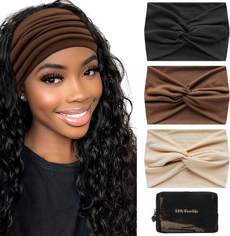 S&N Remille Wide Headbands for Women, Large Hairband, Elastic Non-Slip Headband Twist Knotted Accessories, Yoga Workout Vintage Hair 3 Pack (Colour-8) in Kuwait