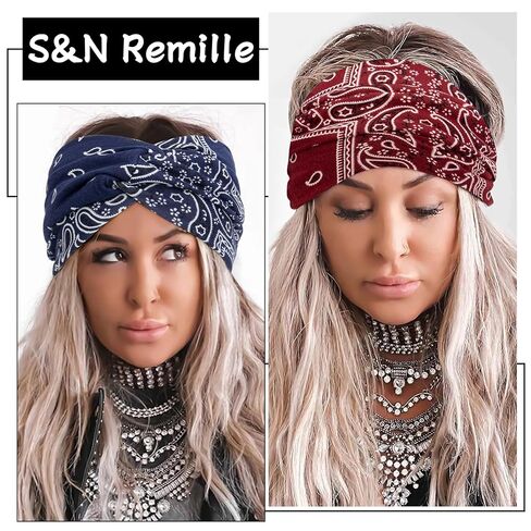 S&N Remille Wide Headbands for Women, Large Hairband, Elastic Non-Slip Headband Twist Knotted Accessories, Yoga Workout Vintage Hair 3 Pack (Colour-8) in Kuwait