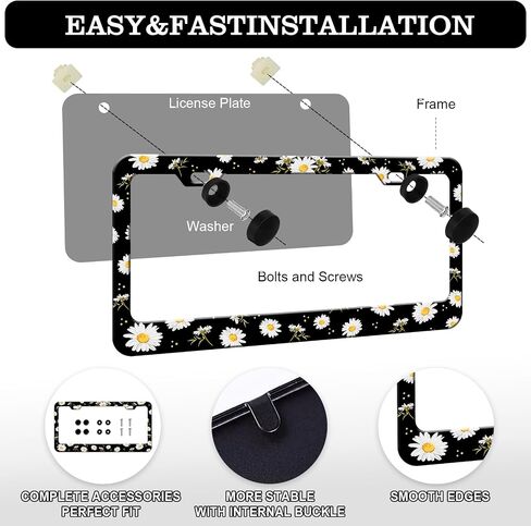 White Daisy License Plate Frames - 2 Pack Cute Flower Personalized License Plate Holder, Stainless Steel Rust-Proof Waterproof Car Decorative Tag Frame with Screws Fasteners Caps in Saudi Arabia