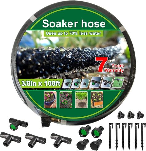 طقم خرطوم Soaker مقاس 3/8 بوصة × 50 قدم - خرطوم حديقة شديد التحمل، خرطوم مطاطي للري مع تركيبات معززة لسرير الزهور المرتفعة في الحديقة والحديقة والنباتات. in Saudi Arabia