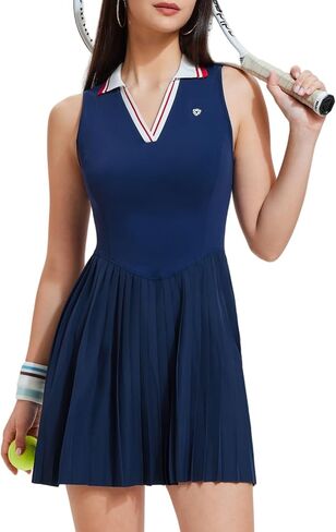 AFZ Women Pleated Golf Collared Dress Color Block V Neck Polo Tennis Athletic Pickleball Outfits in Saudi Arabia