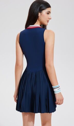 AFZ Women Pleated Golf Collared Dress Color Block V Neck Polo Tennis Athletic Pickleball Outfits in Saudi Arabia