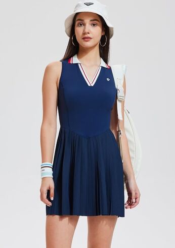 AFZ Women Pleated Golf Collared Dress Color Block V Neck Polo Tennis Athletic Pickleball Outfits in Saudi Arabia