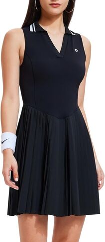 AFZ Women Pleated Golf Collared Dress Color Block V Neck Polo Tennis Athletic Pickleball Outfits in Saudi Arabia