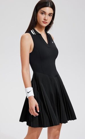 AFZ Women Pleated Golf Collared Dress Color Block V Neck Polo Tennis Athletic Pickleball Outfits in Saudi Arabia