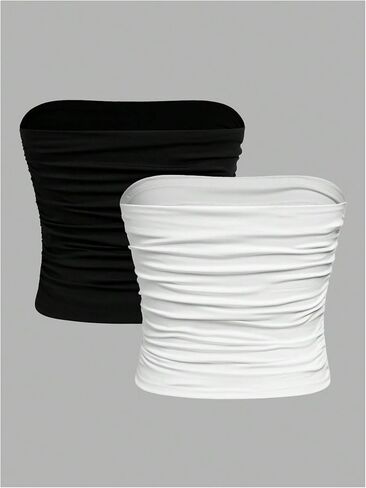 Milumia Girl's 2 Pack Tube Top Ruched Brandless Out Out Basic Bandeau Tops in Saudi Arabia