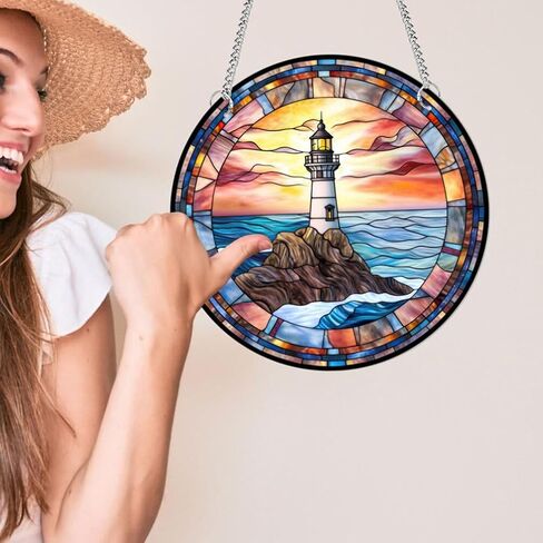 AmoSfun فو ملون زجاجي منارة Suncatcher متوسطة الجولة الجدار الجدار معلقة زخرفة للحديقة نافذة المنزل ديكور حفل زفاف 7.87 × 7.87 بوصة in Saudi Arabia