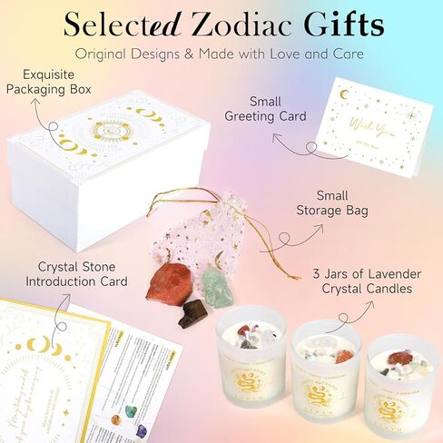 هدايا عيد ميلاد زودياك للنساء ، شموع معطرة لافندر للنساء ، شموع الصويا مع بلورات شفاء الحجارة ، سلة هدايا التنجيم الروحية (نيران ، ليو ، القوس) in Kuwait