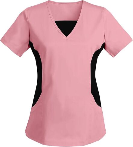 Womens Scrubs Tops Trendy Color Block Healthcare Nursing Uniform Comfy Workwear Comfortable Scrub Shirts in Saudi Arabia