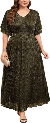 ZOMVA Plus Size 0X-4X Sparkly Mesh Maxi Formal Dress Ruffle Sleeves V Neck A-line Flowy Dress Evening Gown Cocktail Prom in Kuwait