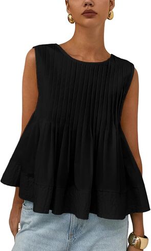 Wyeysyt Womens Pleated Peplum Tops Summer Sleeveless Ruffled Tank Tops Babydoll Blouse Casual Shirred Flowy Shirts in Kuwait