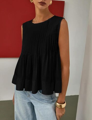 Wyeysyt Womens Pleated Peplum Tops Summer Sleeveless Ruffled Tank Tops Babydoll Blouse Casual Shirred Flowy Shirts in Kuwait