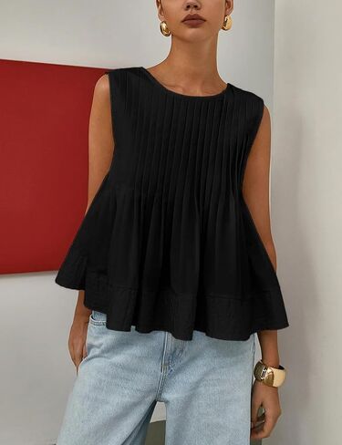 Wyeysyt Womens Pleated Peplum Tops Summer Sleeveless Ruffled Tank Tops Babydoll Blouse Casual Shirred Flowy Shirts in Kuwait