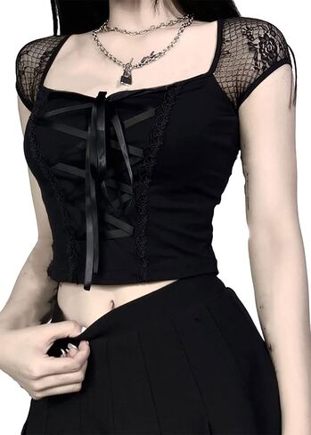 Tsmnzmu Womens القوطية قمم القوطية شبكات قصيرة الأكمام الشرير القميص القميص الجرونج هاراجوكو emo قمم مع ضمادة in Kuwait