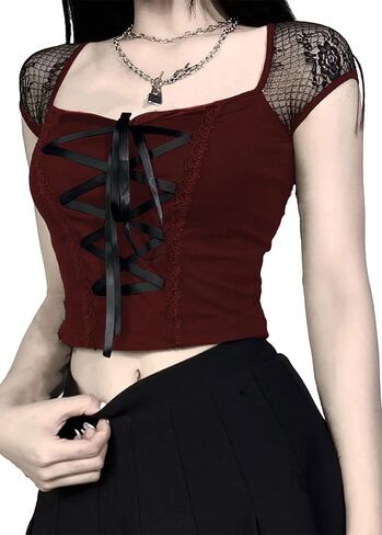 Tsmnzmu Womens القوطية قمم القوطية شبكات قصيرة الأكمام الشرير القميص القميص الجرونج هاراجوكو emo قمم مع ضمادة in Kuwait