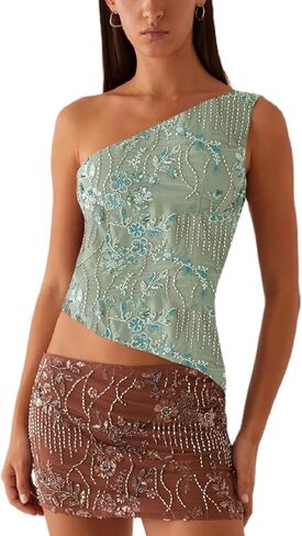 Women Y2k Sequin Sparkle Crop Tops Sexy One Shoulder Asymmetrical Backless Tank Top Glitter Beaded Rhinestone Slim Shirt in Kuwait