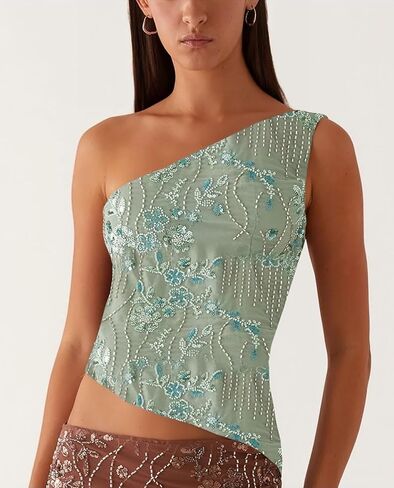 Women Y2k Sequin Sparkle Crop Tops Sexy One Shoulder Asymmetrical Backless Tank Top Glitter Beaded Rhinestone Slim Shirt in Kuwait