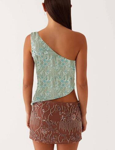 Women Y2k Sequin Sparkle Crop Tops Sexy One Shoulder Asymmetrical Backless Tank Top Glitter Beaded Rhinestone Slim Shirt in Kuwait