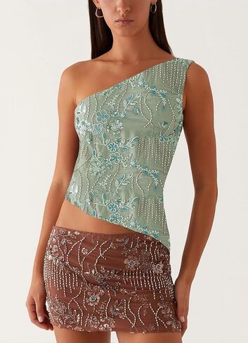 Women Y2k Sequin Sparkle Crop Tops Sexy One Shoulder Asymmetrical Backless Tank Top Glitter Beaded Rhinestone Slim Shirt in Kuwait