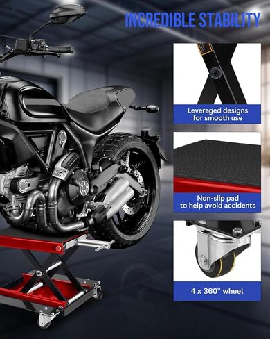 1100LBS Motorcycle Scissor Lift Jack with Dolly Wheels & Hand Crank, Heavy Duty Adjustable Bike Lift Stand with Foldable Non-Slip Platform for Cruiser, Dirt Bike, ATV Garage Repair in Kuwait